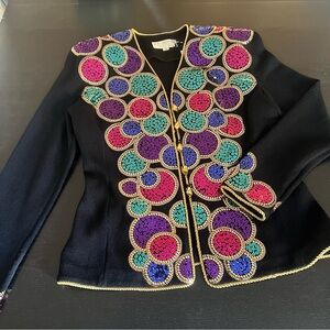 St. John Black Beaded Circle Embroidered Jacket with Gold Trim